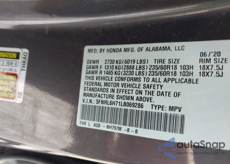 2020 Honda Odyssey Ex-L/Ex-L W/Navi Res from USA, damaged, VIN 5FNRL6H71LB069286
